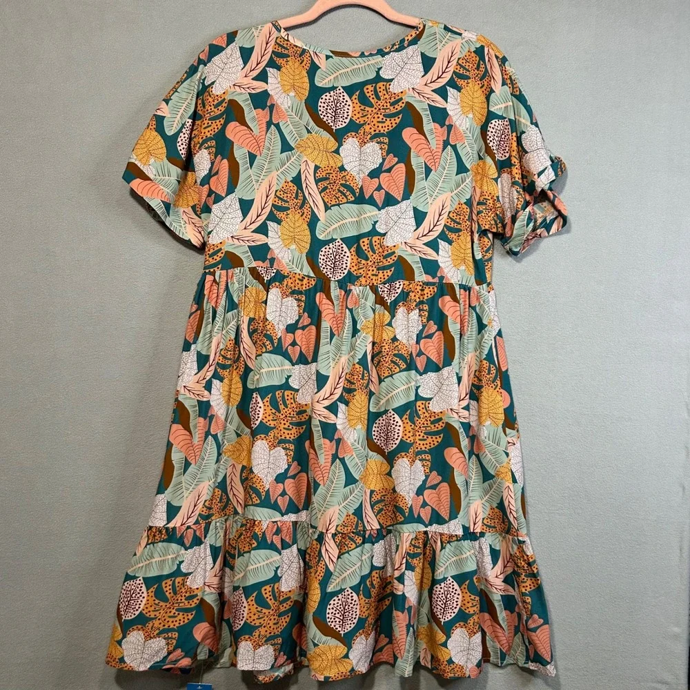 Cupshe Tropical Leaf Short Sleeve Flounce Hem Mini Dress Size Medium A Line - Picture 3 of 9
